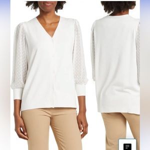 Adrianna Papell V-neck Swiss Dot Sleeved Cardigan Top Size M Ivory 3/4 Sleeve